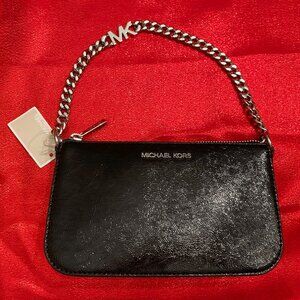 Michael Kors "Jet Set" Black/Silver MK Small Chain Leather Pouchette MSRP $198